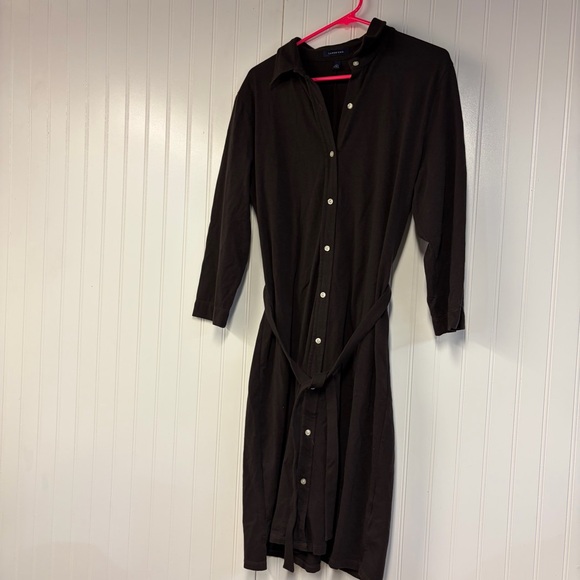 Lands End Brown Button-Up Dress Long Sleeve Tie Waist Large - Picture 2 of 5